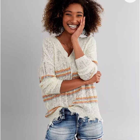 Daytrip | White Striped Multicolor Fringe Sweater | Size Small - Picture 2 of 15